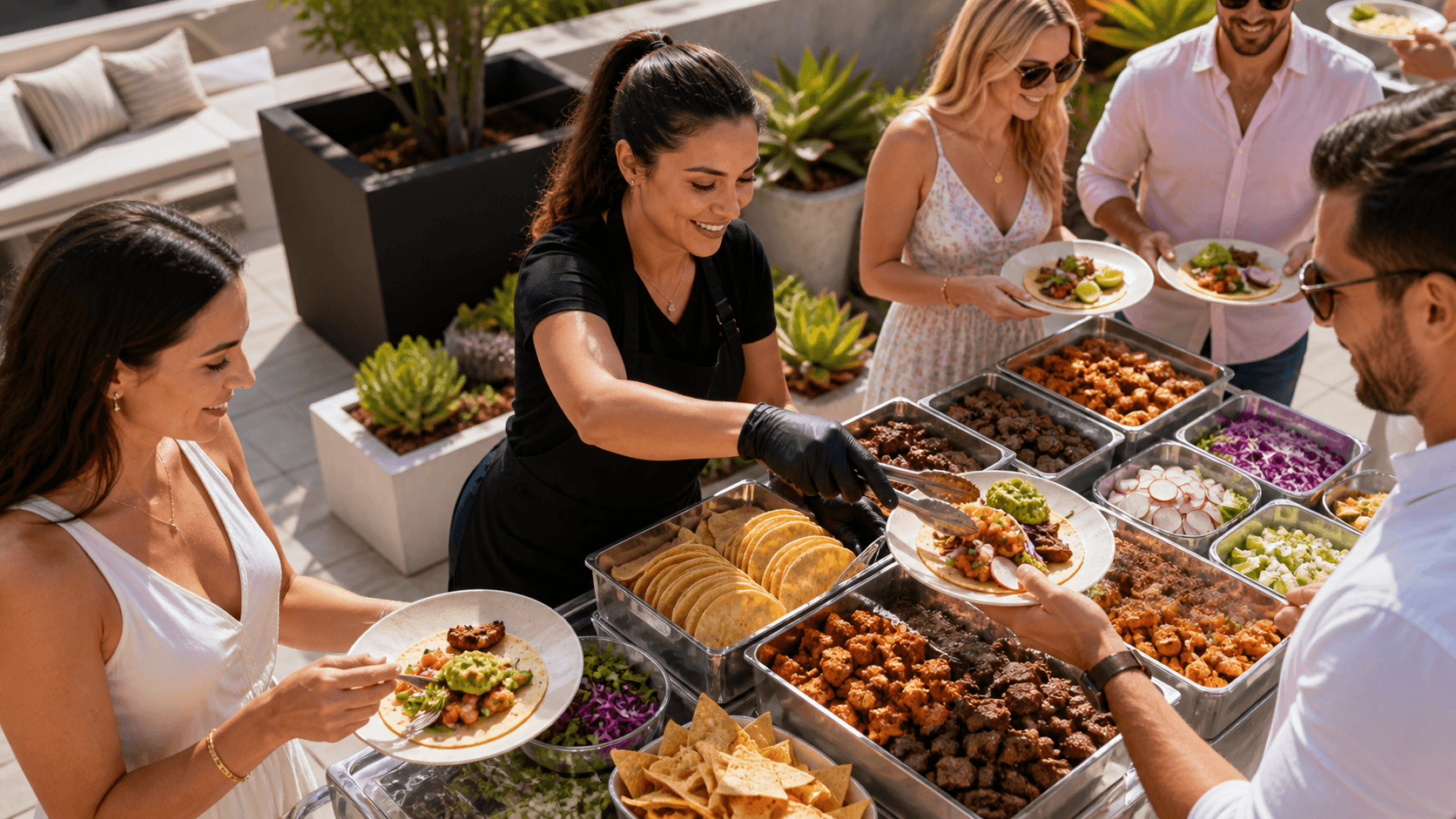 Colorful taco spread with tortillas, grilled meats, fresh toppings, and salsa bowls on a sunlit table.