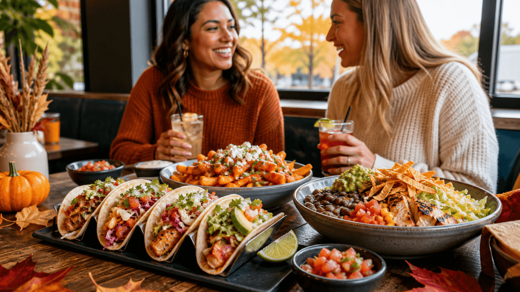 Colorful tacos with grilled meat and fresh toppings on a rustic table in warm autumn light.