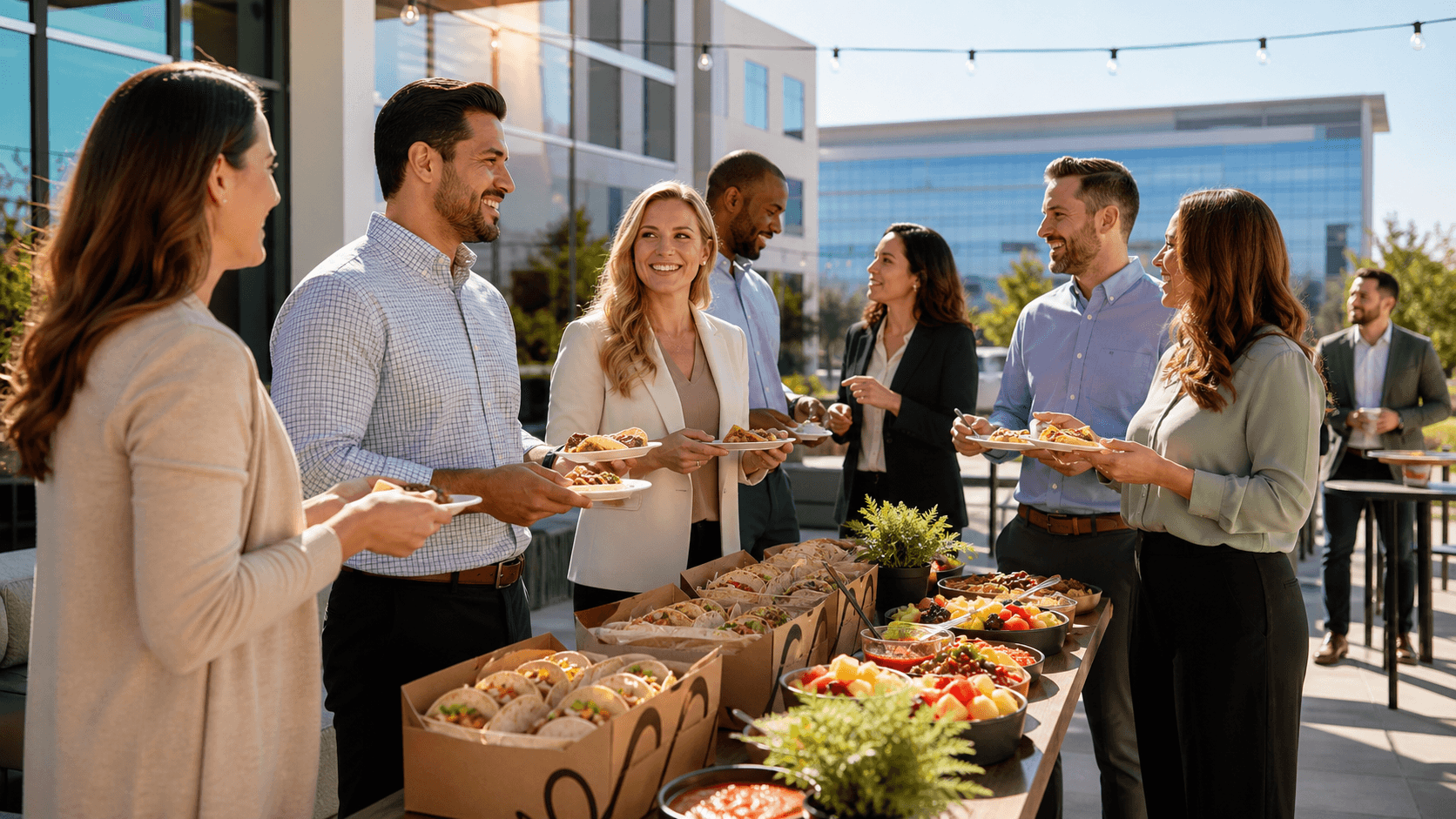 Colorful breakfast tacos arranged on a wooden table with morning sunlight and festive decorations.