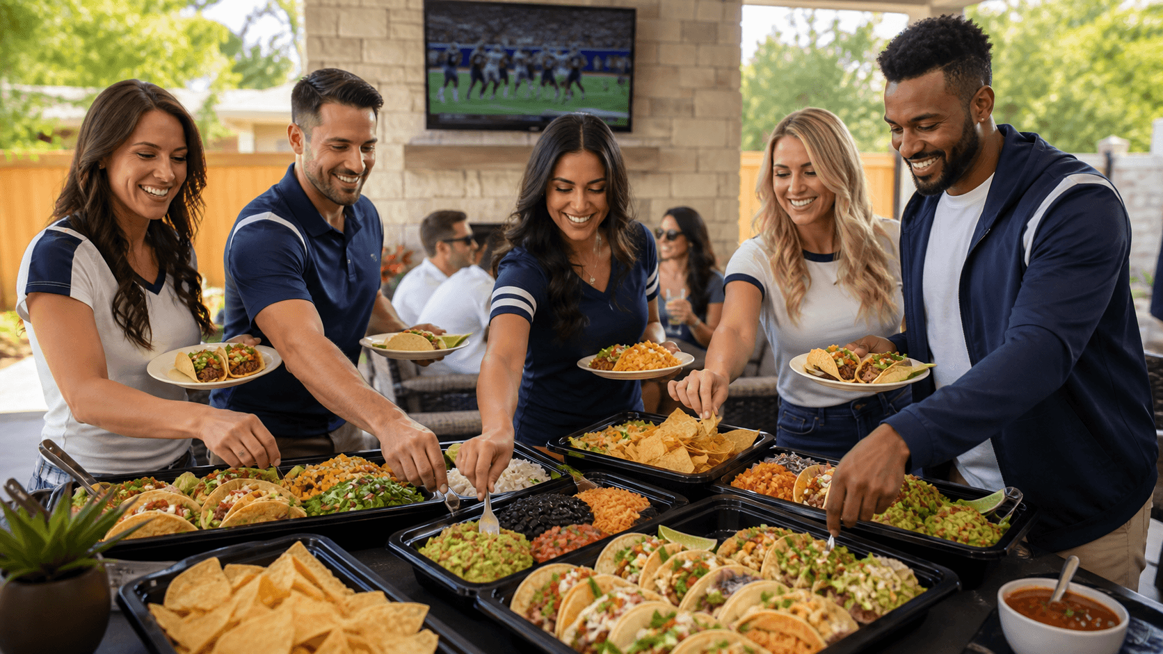 Colorful taco spread with chips, salsa, and drinks arranged on a table under warm party lights.