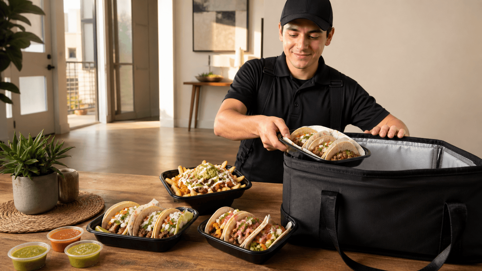 Colorful Tex-Mex dishes in takeout containers arranged on a table with warm restaurant lighting.