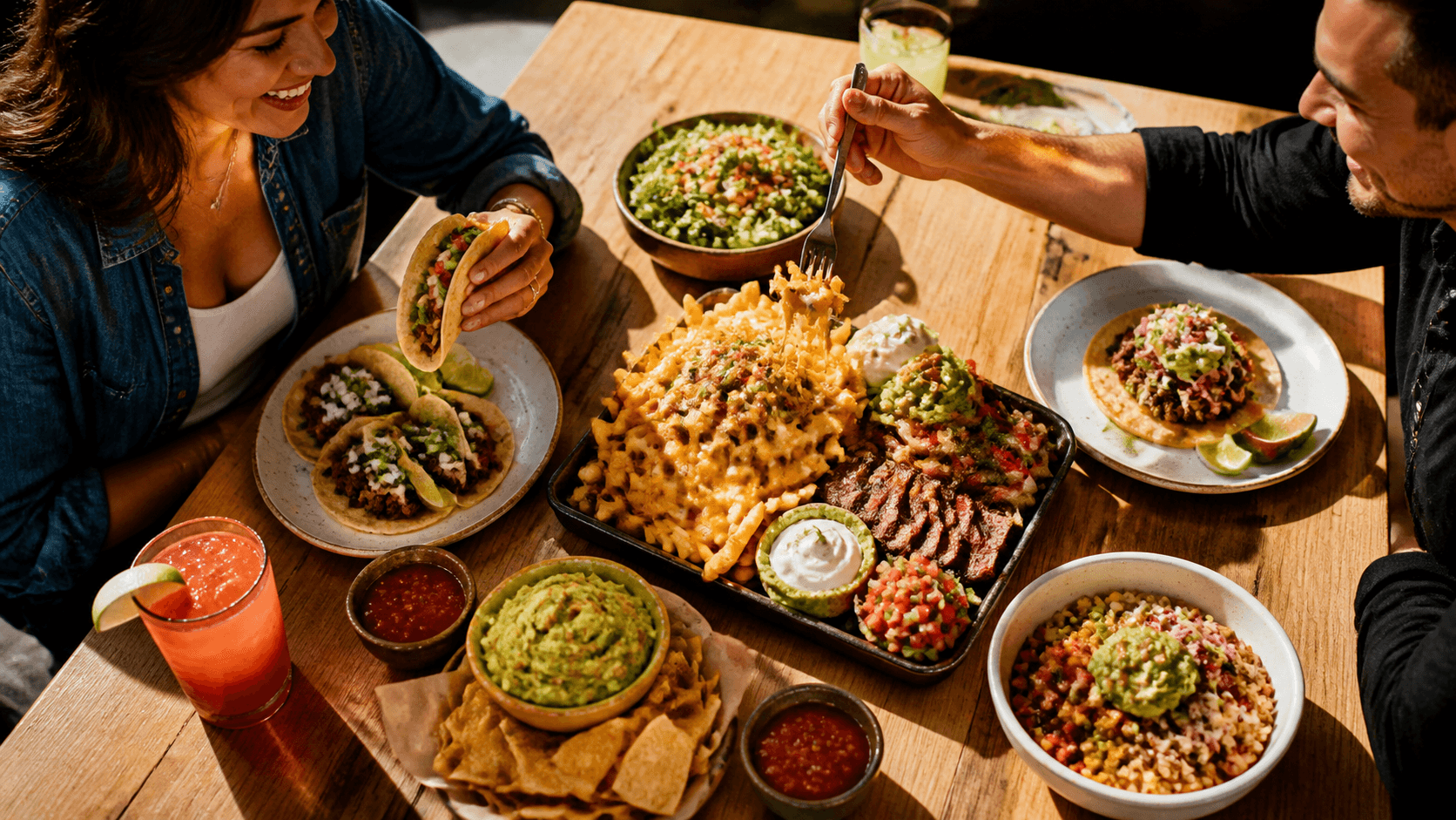Colorful Tex-Mex and Mexican dishes arranged on a rustic table with warm, festive lighting.