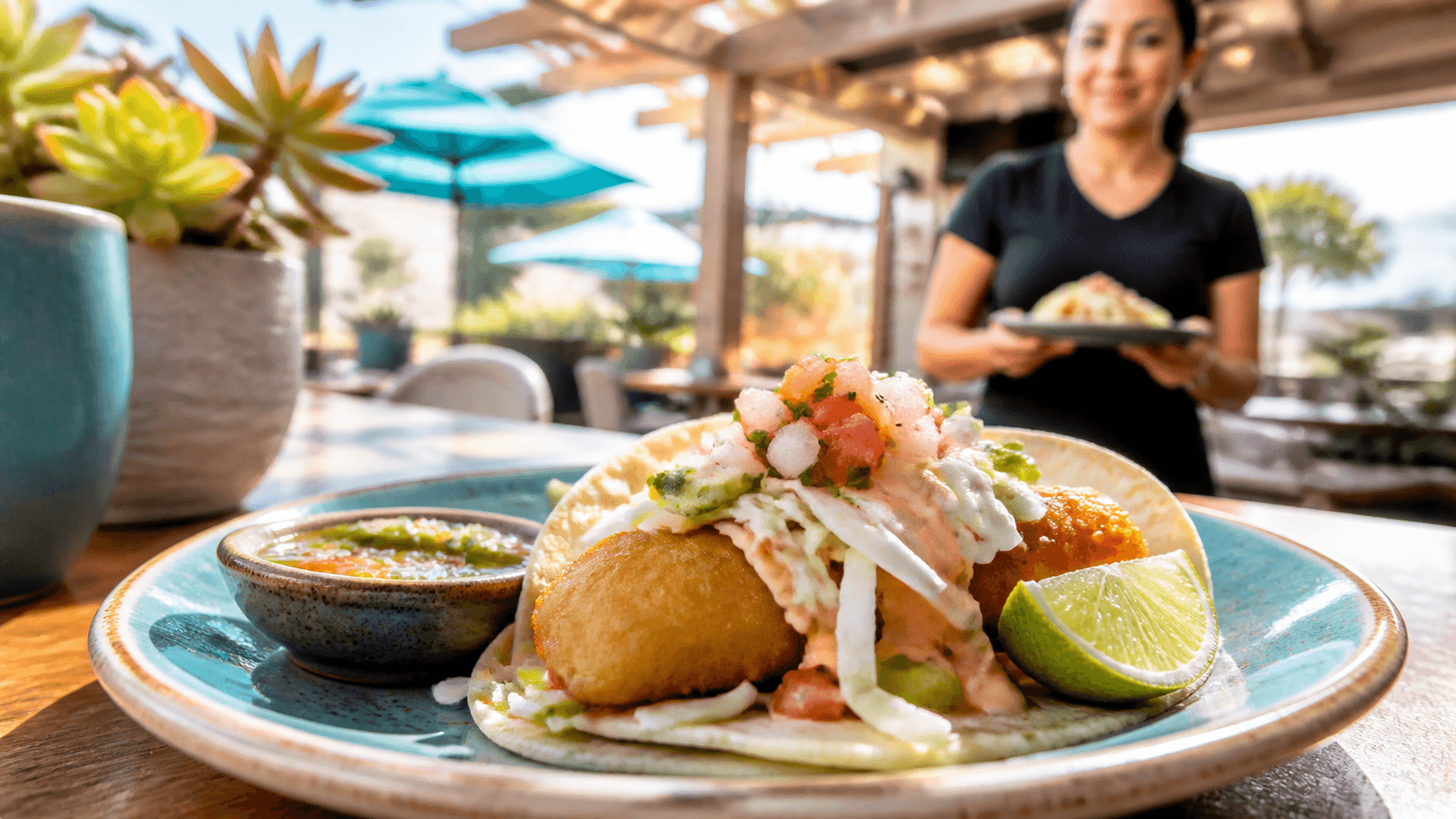 Golden fried fish tacos with cabbage, crema, and lime wedges on a rustic table in warm sunlight.